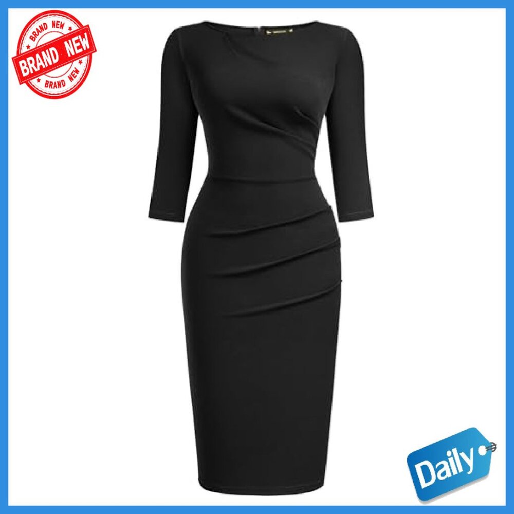 Retro Ruffle 2/3 Sleeve Slim Work Dress Pencil Style - Picture 5 of 8